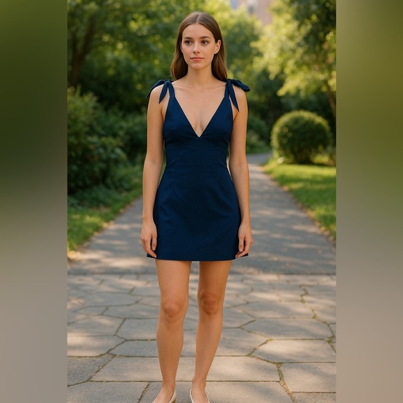 ZARA Navy Cotton Mini Dress Tie Shoulder Sleeveless V-Neck Size Medium NWT - Picture 1 of 2